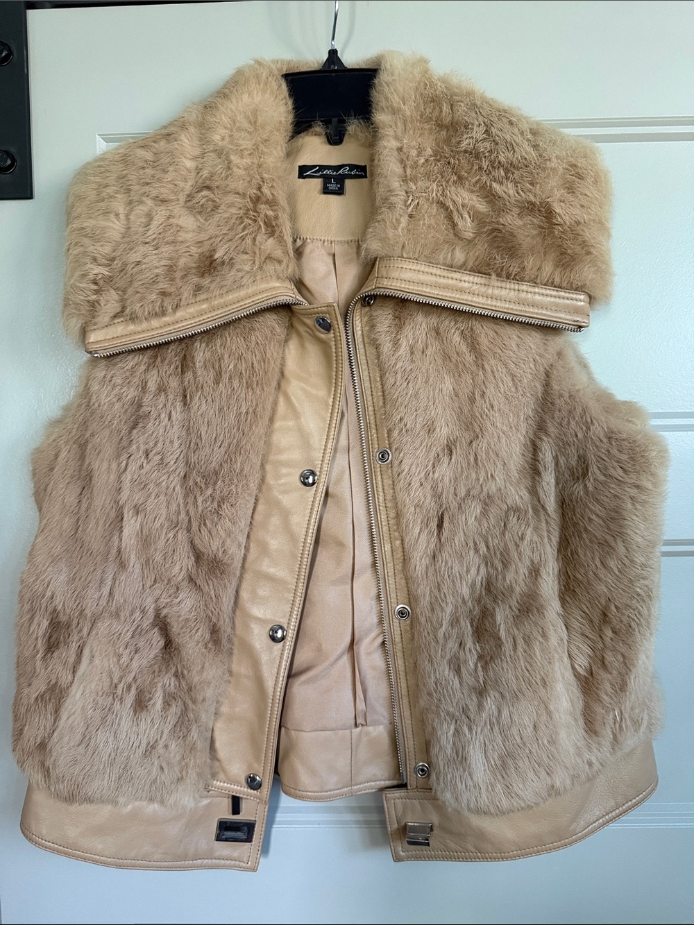 Lillian Rubin Beige Faux Fur Vest with Leather Trim